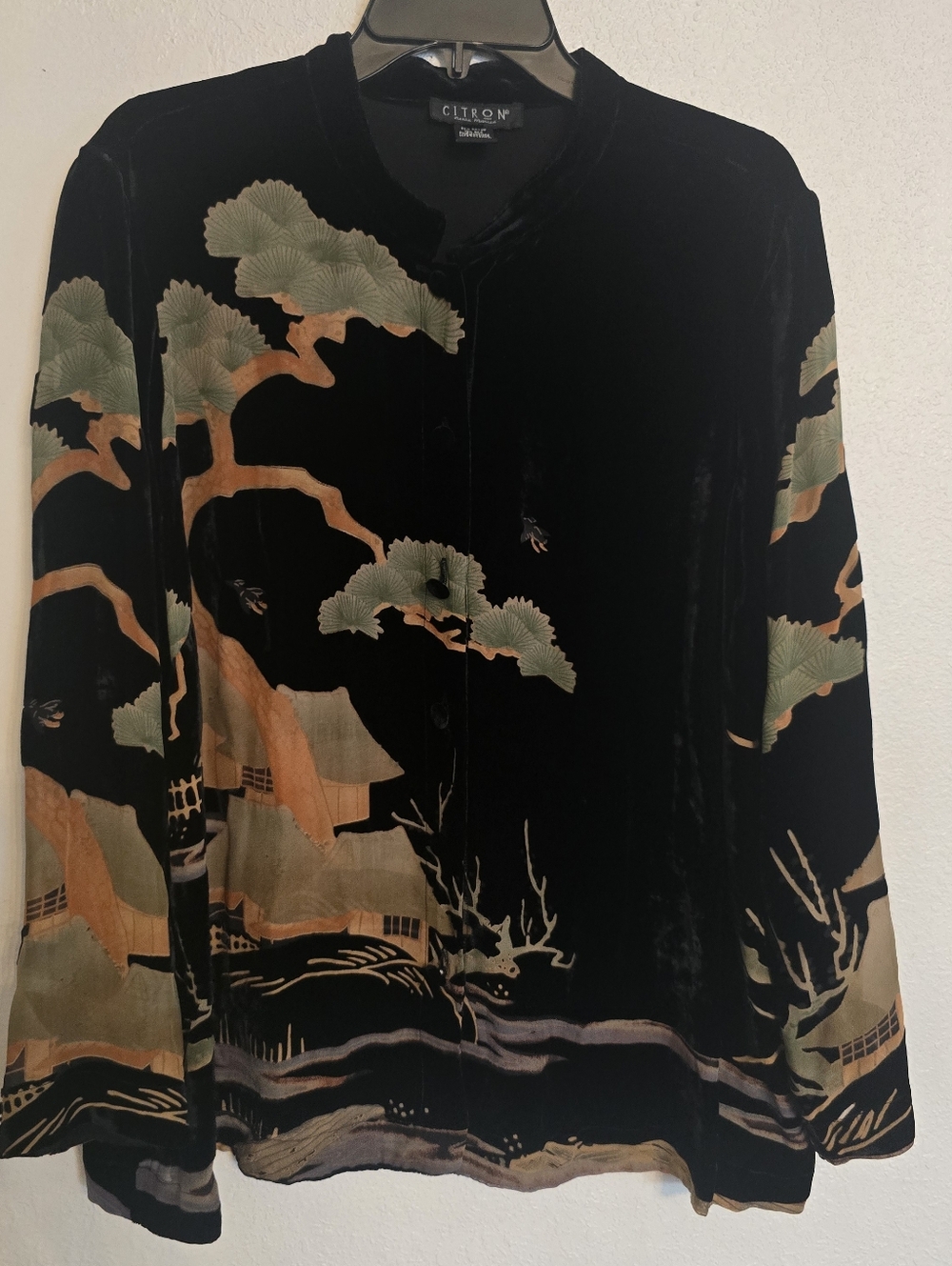 Citron Santa Monica Black Velvet Japanese Print Tunic Size 1X Silk Blend
